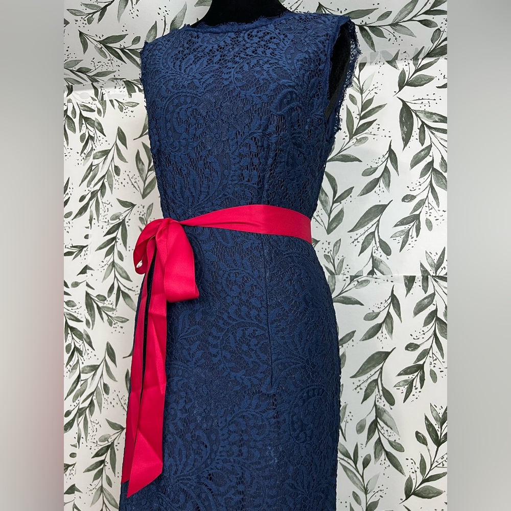 Retro Vintage Navy Blue Lace Sleeveless Dress Vibrant Red Satin Sash Size M #D - Picture 6 of 11